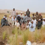 A large group of people sit and stand on a grass hill posing for an end of season excavation team photo. Many of the workmen wear local upper Egyptian galabiyas