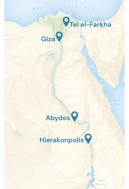 A map of Egypt showing the locations of four archaeological sites (from North to South): Tel el-Farkha in the Eastern part of the Nile Delta, Giza at the point where the Nile Valley begins to spread into the Delta, Abydos, in middle Egypt just before the Nile makes a large bend, Hierakonpolis in the south just after the large bend in the Nile.